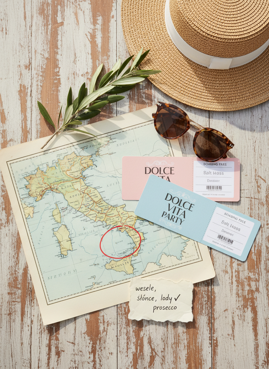 A whimsical flat-lay composition of travel essentials for guests heading to an Apulian wedding: a vintage-style map of Italy with the Apulia region circled in red, pastel-colored boarding passes labeled “Dolce Vita Party,” sunglasses, a straw hat, a small sprig of olive leaves, and a handwritten checklist that reads “wesele, słońce, lody, prosecco.” Everything is arranged neatly on a sun-bleached wooden surface. Bright, diffused daylight from above eliminates harsh shadows and brings out soft, warm tones. Photographic realism with crisp focus across the frame, creating a fun, playful mood that feels like joyful planning and anticipation, while avoiding any depiction of people.