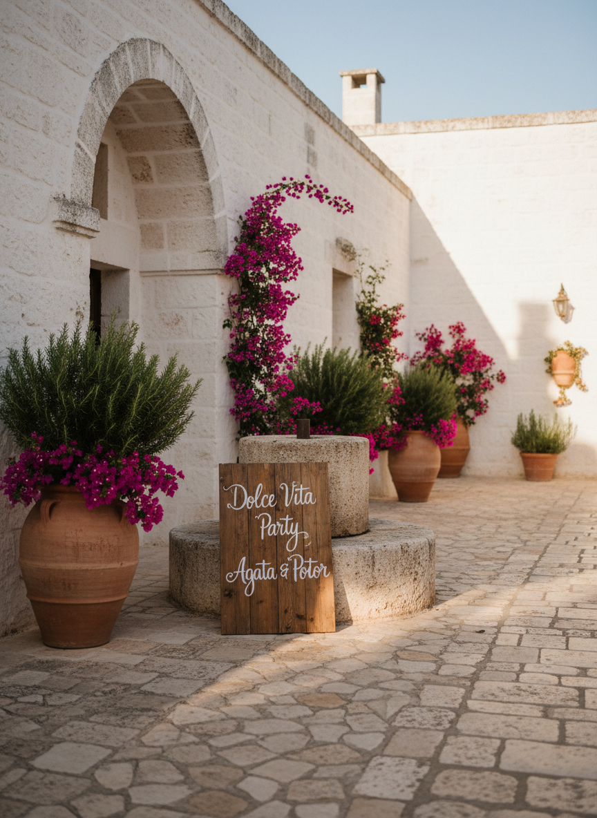 A sun-drenched Apulian masseria courtyard with whitewashed stone walls, an arched entrance, and terracotta pots overflowing with fragrant rosemary and bougainvillea in bright fuchsia. In the center stands a rustic wooden welcome sign for “Dolce Vita Party Agata & Piotr,” hand-painted in playful script, leaning against an old olive press. The warm golden hour sunlight creates long, soft shadows on the cobblestone ground and highlights the texture of the stone. Photographic realism from a slightly low angle, using the rule of thirds, with sharp focus on the sign and a gentle bokeh background, evoking a joyful, anticipatory mood of arrival, with no people visible.