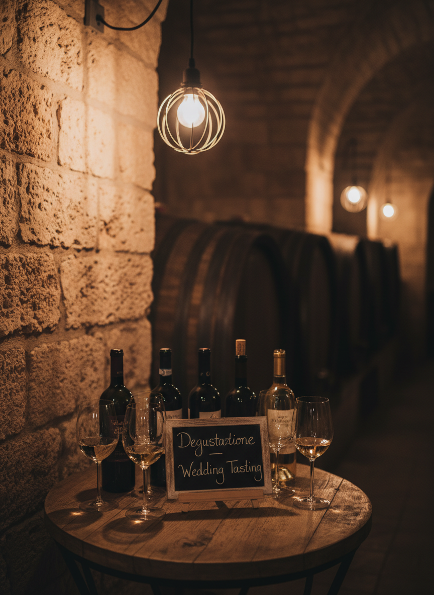 A cozy, dimly lit corner of a traditional Apulian wine cellar, with rough stone walls and rows of dark wooden barrels stretching into the background. In the foreground, a small rustic table is staged with open bottles of local red and white wines, elegant stemmed glasses, and a chalkboard labeled “Degustazione – Wedding Tasting.” Warm pendant lights cast pools of golden light, creating deep, dramatic shadows and rich reflections on the glass surfaces. Photographic realism, shot at eye level with the table in sharp focus and the barrels softly blurred behind, conveying a playful, indulgent mood of pre-wedding wine exploration, with no human presence anywhere in the frame.