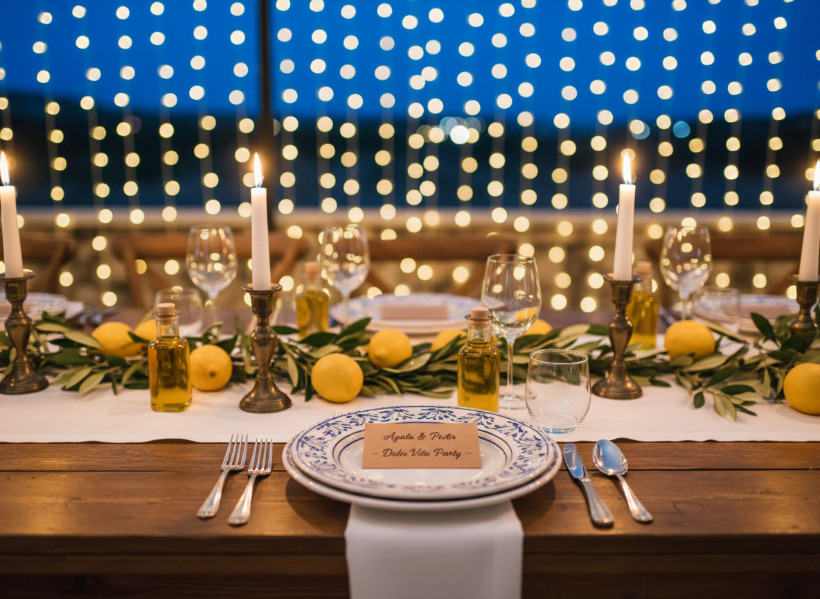 A long rustic wooden table set for an intimate Italian wedding dinner, covered with a crisp white linen tablecloth and scattered with lemons, olive branches, and small glass bottles of golden olive oil. Delicate ceramic plates with hand-painted blue Apulian patterns are neatly arranged, each with a simple kraft name card reading “Agata & Piotr – Dolce Vita Party.” Tall white candles in vintage brass holders cast a warm evening glow, while soft fairy lights hang blurred in the background. Photographic realism, shot at eye level with a shallow depth of field, creating a playful yet elegant atmosphere that feels like a cozy celebration under the Apulian sky, without showing any people.
