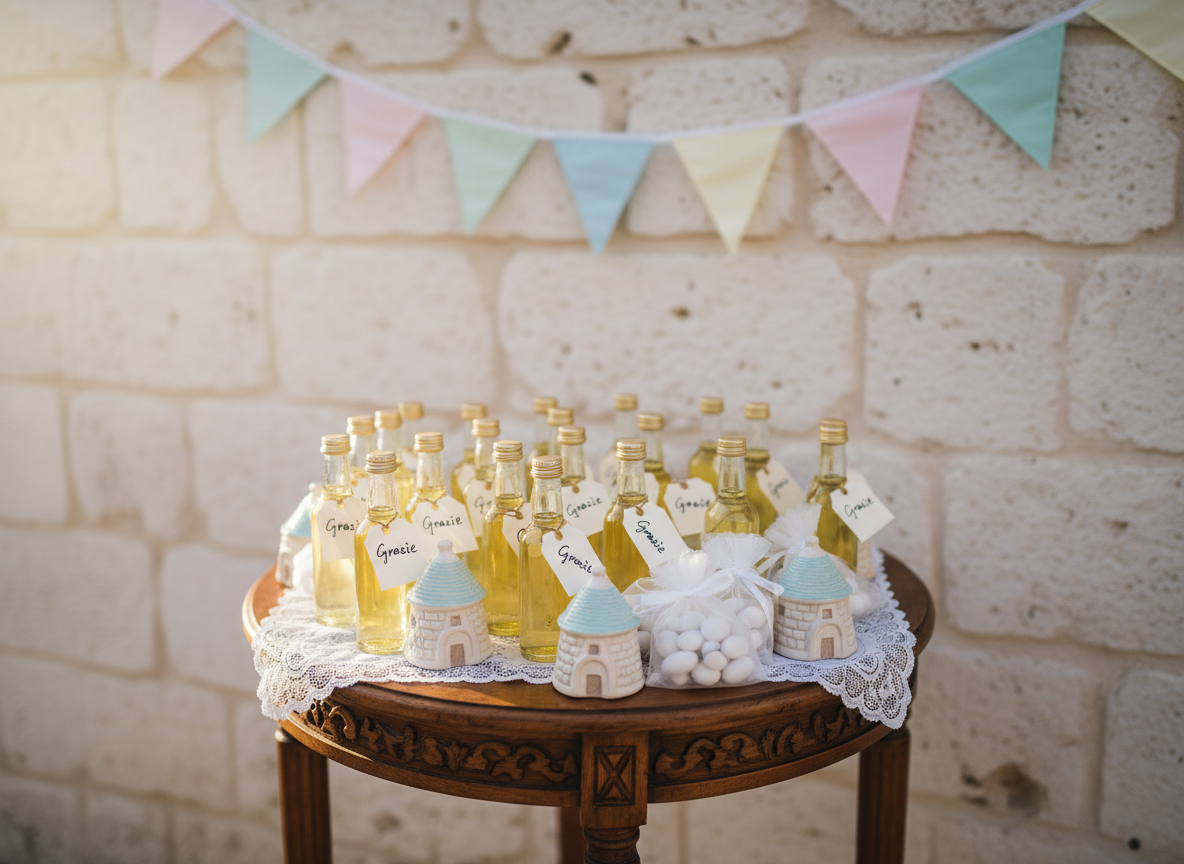 A close-up of a colorful Italian wedding favor display on a small antique table: tiny glass bottles of limoncello with handwritten tags, white organza bags filled with sugared almonds, and miniature ceramic trulli houses from Apulia with intricate stone-like details and blue roofs. The table is set against a white stone wall adorned with a string of pastel pennant flags. Soft afternoon light filters in from the side, creating gentle highlights on the glass and ceramics. Photographic realism, shot from a slightly elevated angle with a shallow depth of field, emphasizing the playful, charming details while the background softly fades, keeping the scene festive and inviting, without featuring any people.