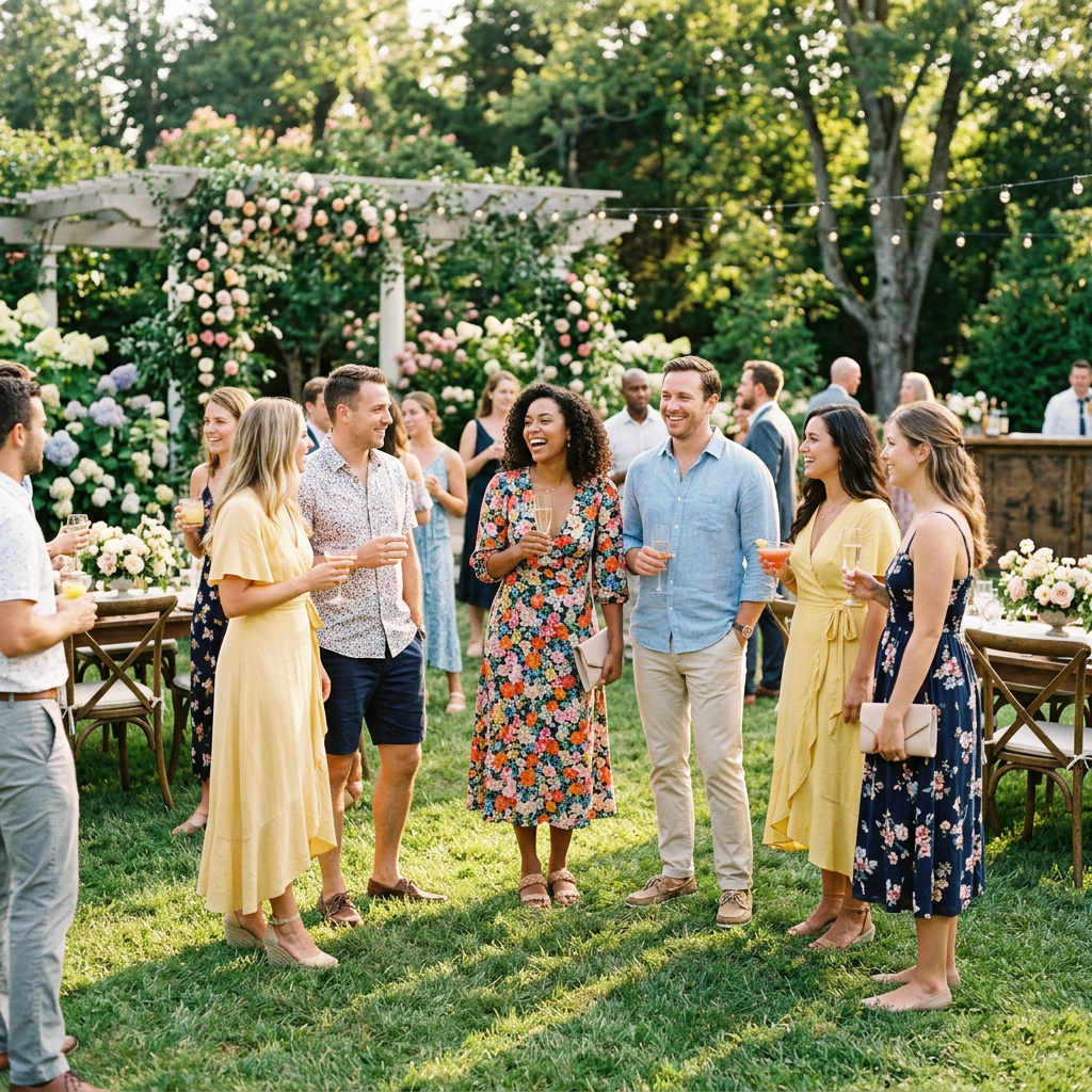 Group of people socializing and drinking at an outdoor garden party with floral decorations and string lights.